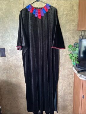 Vintage Black Velvet Caftan Maxi Dress Colorful Scallop Neck Boho Art Deco OSFM